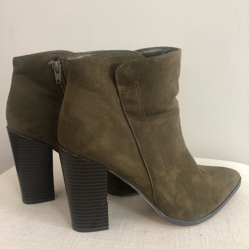 Olive Suede Pointed Toe Booties